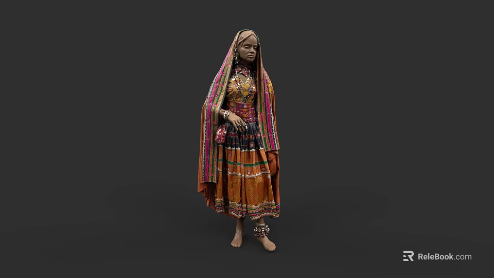 Cultural Traditional Colorful Embroidered Dress With Long Veil And Intricate Patterns 3d model 