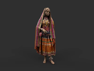 Cultural Traditional Colorful Embroidered Dress With Long Veil And Intricate Patterns 3d model