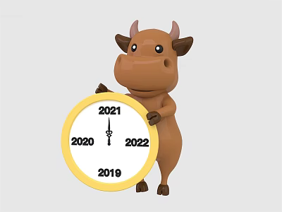 Decorative Ornament Set with Cartoon Cow Holding Round Clock Featuring Years 2019 2020 2021 2022 3d model