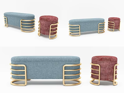 Modern Stylish Sofa Bench With Blue Red Upholstery And Golden Metal Legs 3d model