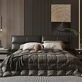 Modern Bedroom Interior With Wooden Walls Ambient Lighting Upholstered Bed Abstract Painting Potted Plant And Rug
