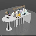 Modern White Cosmetics Display Shelf with Various Beauty Products and Brand Signage
