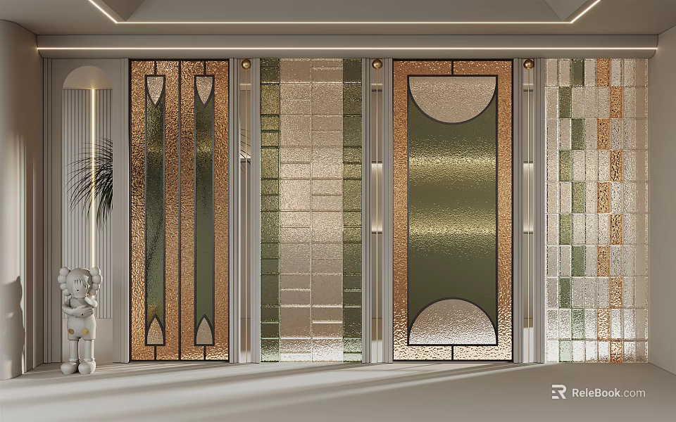 Modern Decorative Glass Room Dividers With Geometric Patterns And Metal Frames 3d model