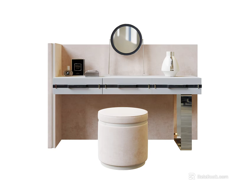 Modern Dressing Table With Round Mirror White Vase And Beige Stool 3d model