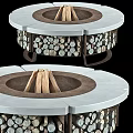 Round Outdoor Fire Pit With Gray Stone Top And Decorative Wood Log Storage