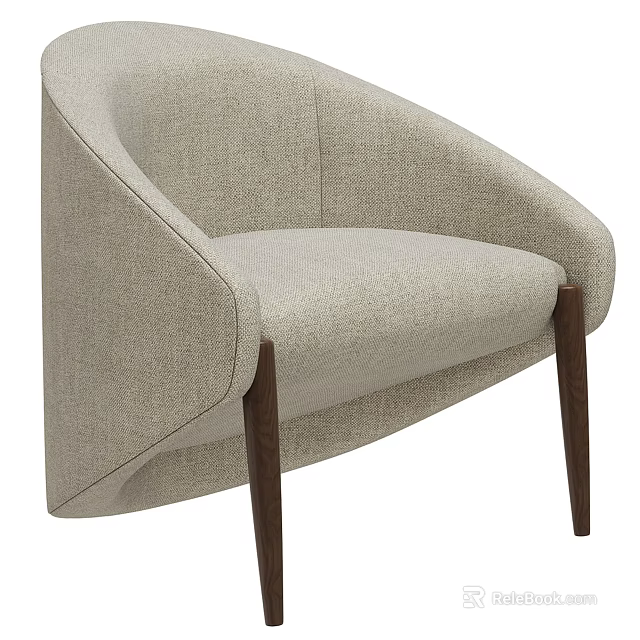 Modern Accent Chair In Beige Fabric With Curved Design And Wooden Legs 3d model 