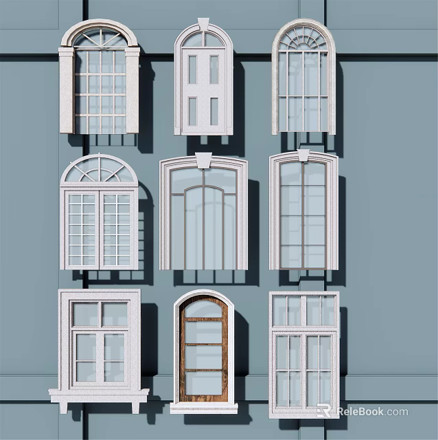 Various Window Designs With Different Shapes White Frames And Blue Wall 3d model