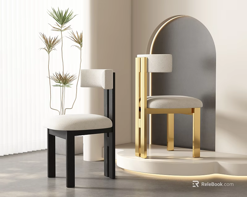 Modern Black And Gold Frame Dining Chairs With Beige Upholstered Seats In Minimalist Interior 3d model 