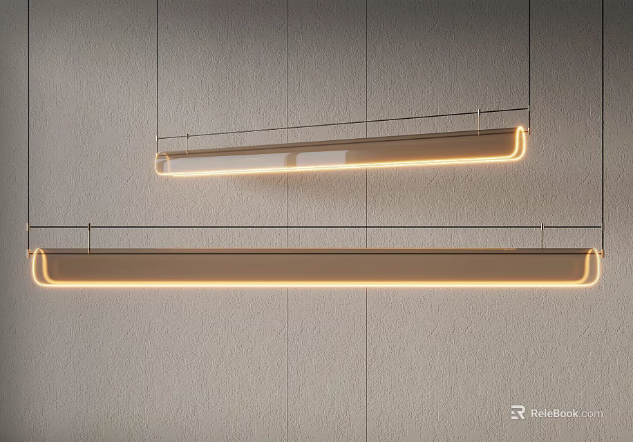 Modern Linear Pendant Lights With Sleek Design And Warm Glowing Light Against Gray Wall 3d model 