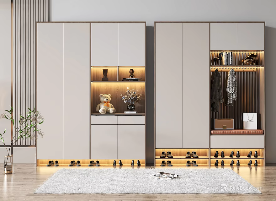 Modern Sleek Shoe Cabinet Design With LED Lighting And Multi Layer Storage Spaces 3d model