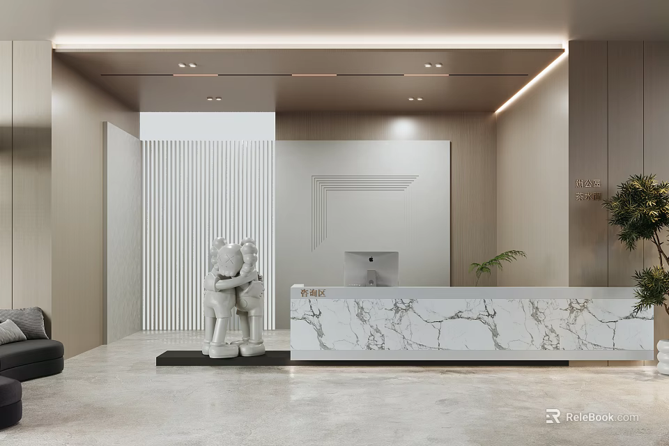 Modern Reception Area with Marble Counter Sculpture Vertical Slat Wall and Potted Plant 3d model 