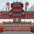Ancient Chinese Architecture Multi Story Red Tower With Blue Roofs Set Against Mountain Landscape