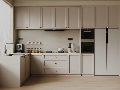 Modern Kitchen Interior With Light Colored Cabinets Countertop Coffee Maker Jars Refrigerator And Oven 3d model