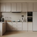Modern Kitchen Interior With Light Colored Cabinets Countertop Coffee Maker Jars Refrigerator And Oven 3d model