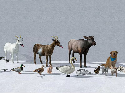 Reptiles In Snowy Landscape With Various Wildlife Animals Like Deer And Ducks 3d model