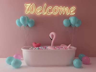Instagrammable Photo Spot with Neon Welcome Sign Pink Bathtub Flamingo Balloons and Candies 3d model