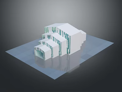 Modern Architectural Model Featuring White Stepped Structure And Green Glass Panels 3d model