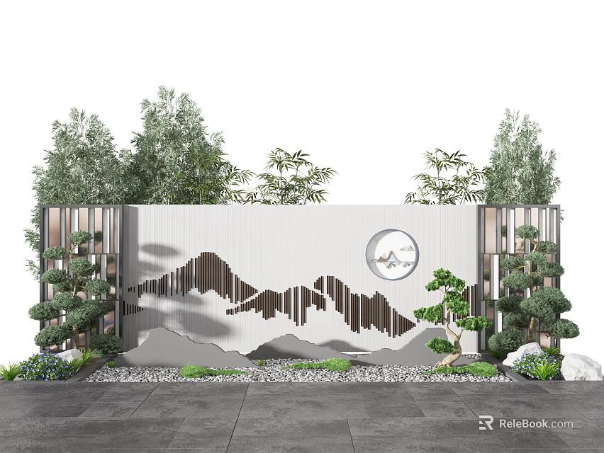 Decorative Garden Ornament Featuring White Wall Mountain Pattern Circular Clock And Green Trees Shrubs 3d model 