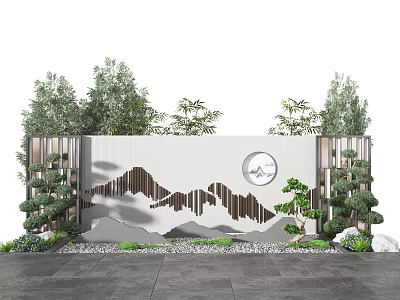 Decorative Garden Ornament Featuring White Wall Mountain Pattern Circular Clock And Green Trees Shrubs 3d model