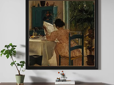 Oil Painting Depicting Woman Reading At Table With White Cloth Green Cabinet And Plants 3d model