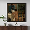 Oil Painting Depicting Woman Reading At Table With White Cloth Green Cabinet And Plants