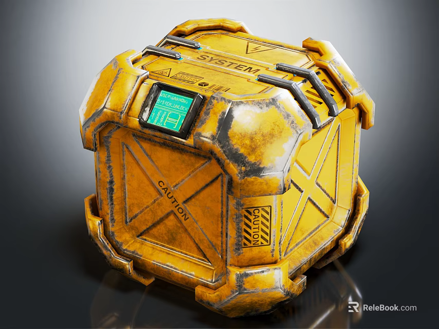 Yellow Mechanical Crate With Digital Display Caution Sign And Worn Metallic Texture 3d model