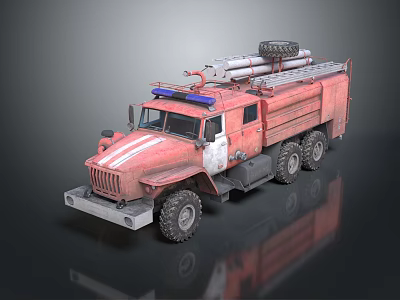 Red Fire Truck With Six Wheels Roof Mounted Water Tanks And Emergency Lights 3d model