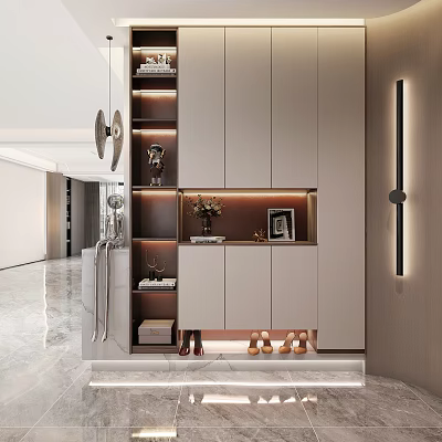 Modern Shoe Cabinet With Sleek Design Built In Lighting And Decorative Shelves 3d model