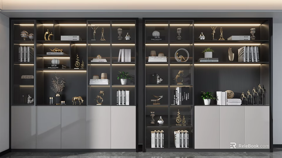 Modern Bookcase Interior Design With Layered Shelves Decorative Items And Green Plants 3d model 