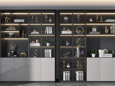 Modern Bookcase Interior Design With Layered Shelves Decorative Items And Green Plants 3d model