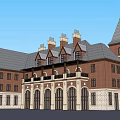Historic Red Brick Building With Spire Tower Chimneys Arched Windows And Porch