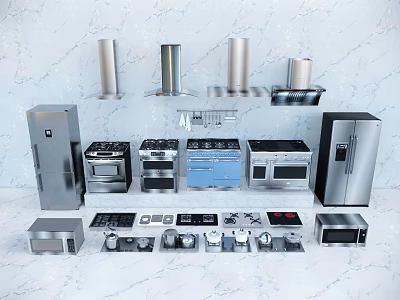 Modern Stainless Steel Kitchen Appliances Including Range Hoods Refrigerators Ovens Stoves And Microwaves 3d model