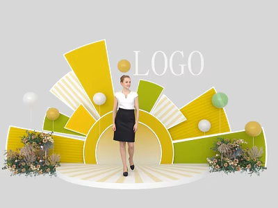 Vibrant Yellow Green Fan Shaped Background Photo Check In Spot With Balloons Plants And LOGO 3d model