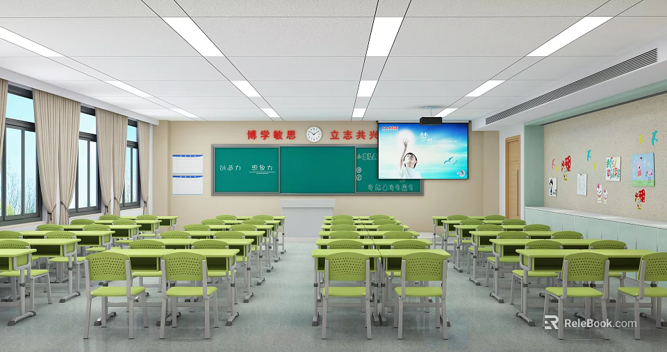 School Classroom Interior With Green Desks Chalkboard And Smart TV 3d model 
