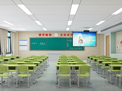 School Classroom Interior With Green Desks Chalkboard And Smart TV 3d model