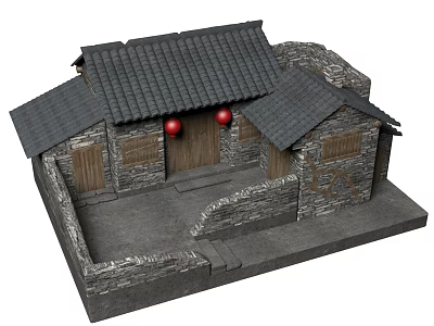 Traditional Chinese Architecture Model With Gray Tiled Roof Wooden Door And Red Lanterns 3d model