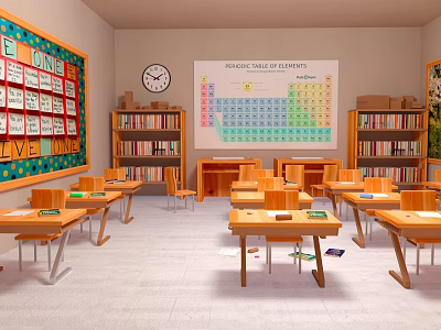 School Classroom With Colorful Periodic Table Poster Bookshelves Clock Cards Student Desks And Chairs 3d model