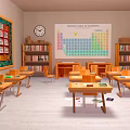 School Classroom With Colorful Periodic Table Poster Bookshelves Clock Cards Student Desks And Chairs