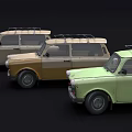 Three Vintage Station Wagons Green Yellow Beige With Roof Racks Classic Retro Design