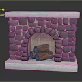 Stone Fireplace with Gray Stone Construction Arched Opening and Logs on White Base 3d model