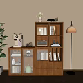 Wooden Cabinet With Glass Doors And Bookshelf Featuring Sewing Machine Radio And Decorative Items