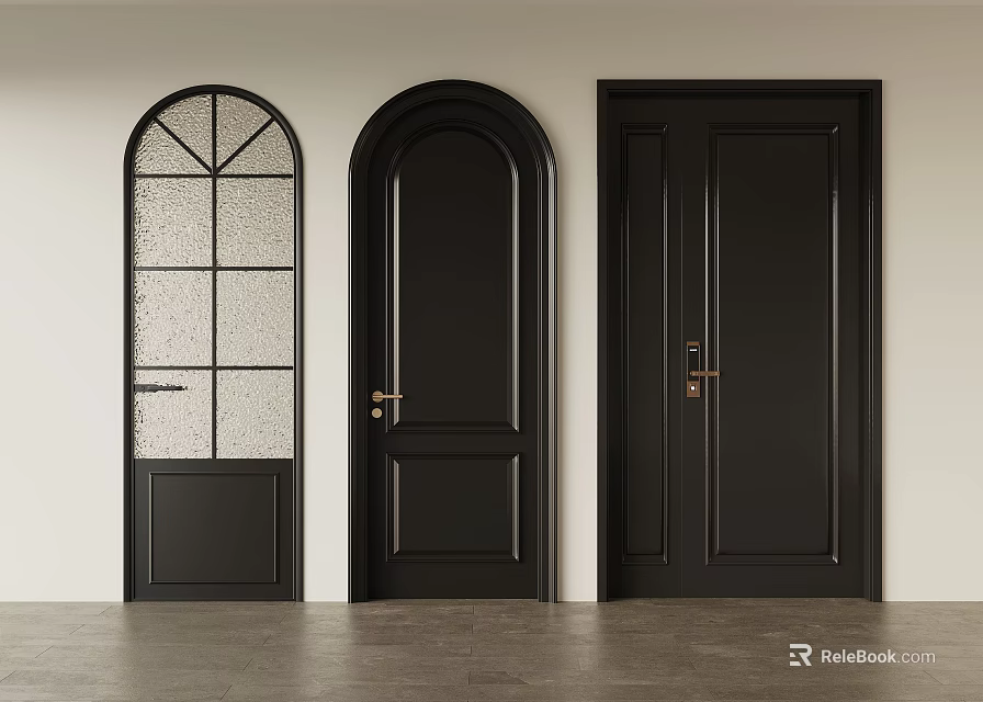 Black Hinged Doors With Arched Design Glass Panel And Double Single Styles 3d model 