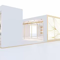 Modern White Exhibition Booth With Glass Panels Colorful Logo And Golden Leaf Pattern