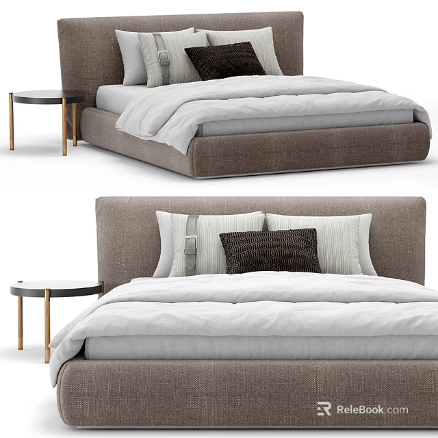 Modern Upholstered Double Bed With Light Gray Bedding And Side Nightstand 3d model 
