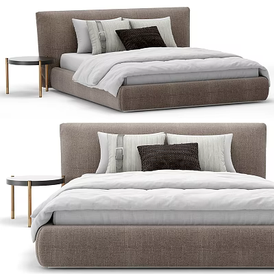 Modern Upholstered Double Bed With Light Gray Bedding And Side Nightstand 3d model