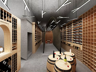 Modern Wine Cellar Interior With Wooden Racks Barrels Gray Floor And Ceiling Lights 3d model