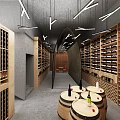Modern Wine Cellar Interior With Wooden Racks Barrels Gray Floor And Ceiling Lights
