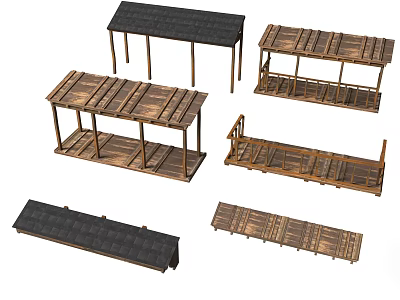 Wooden Scene Components With Various Shelves Platforms And Roof Frame Structures 3d model