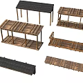 Wooden Scene Components With Various Shelves Platforms And Roof Frame Structures 3d model