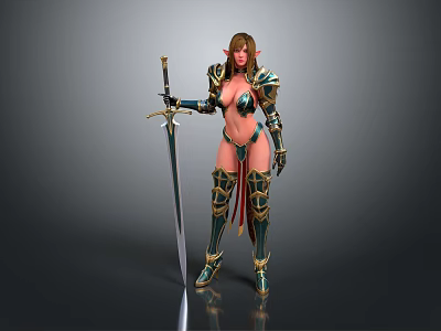 Female Elven Warrior In Ornate Armor Holding Longsword Standing Pose 3d model